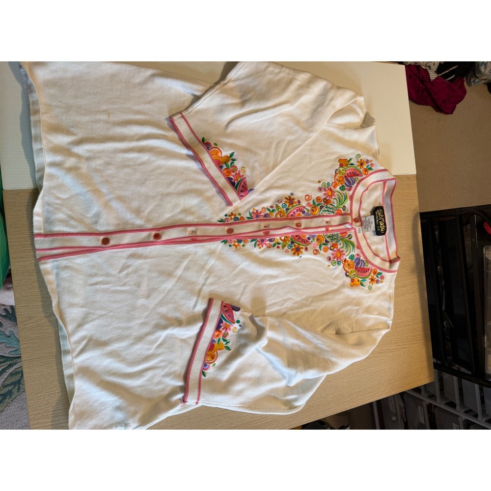 Bob Mackie Wearable Art White Embroidered Floral Fruit Cardigan Sweater XL A1302
